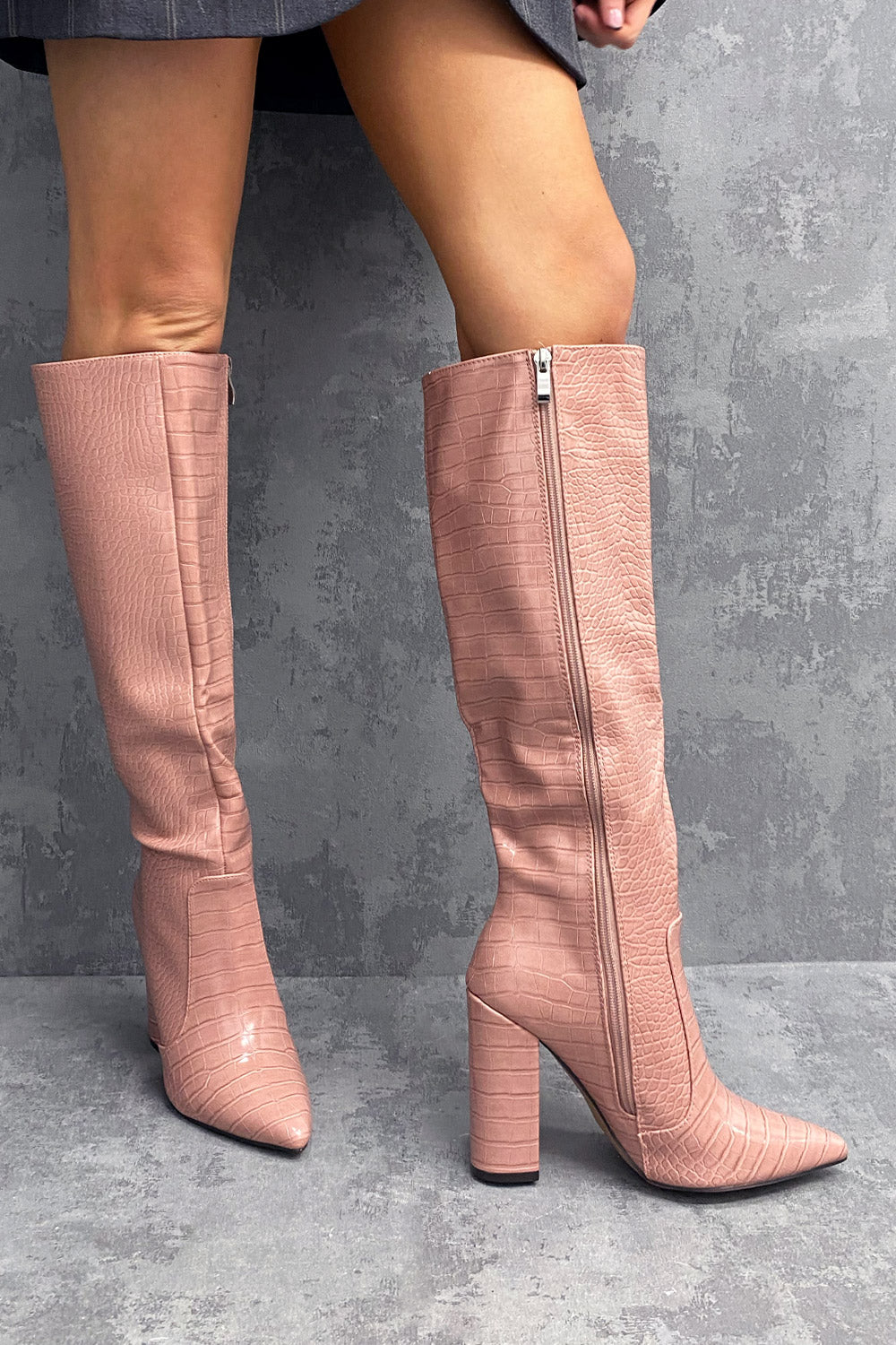 Pink Croc Embossed Knee High Block Heel Boots
