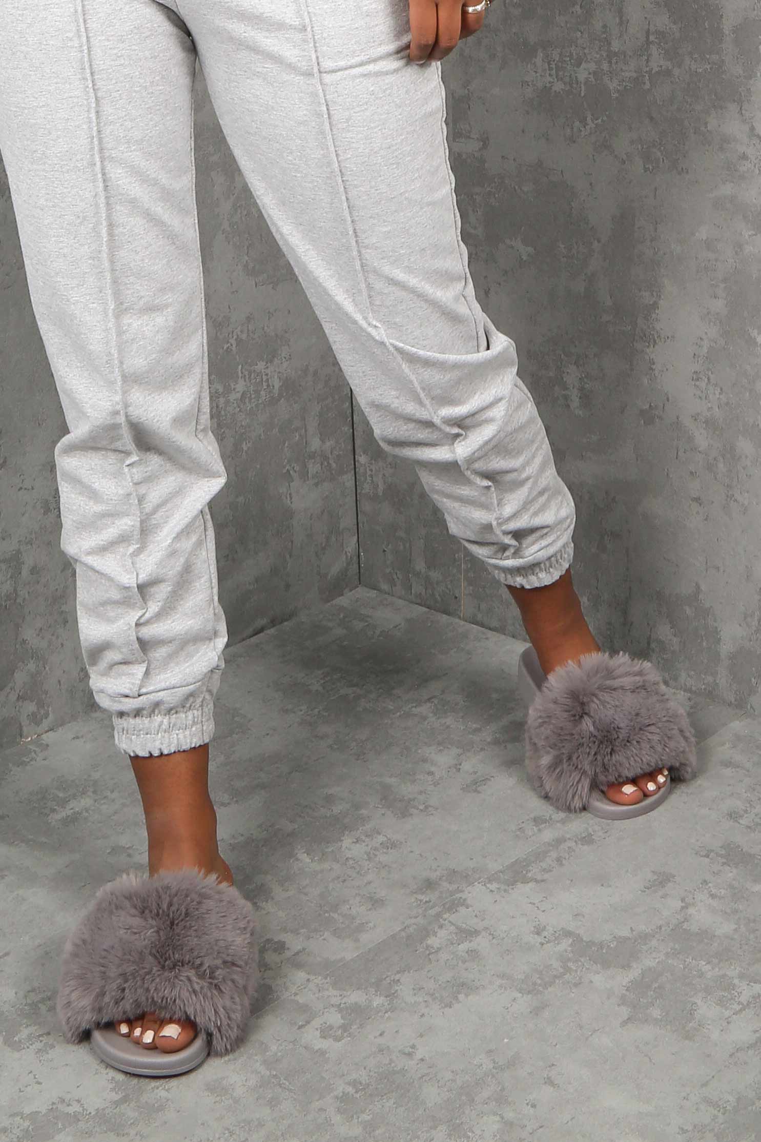 Grey Faux Fur Strap Sliders