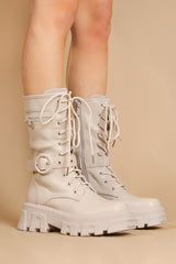 Cream Chunky Sole Buckle Clasp Hiker Boots