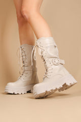 Cream Chunky Sole Buckle Clasp Hiker Boots