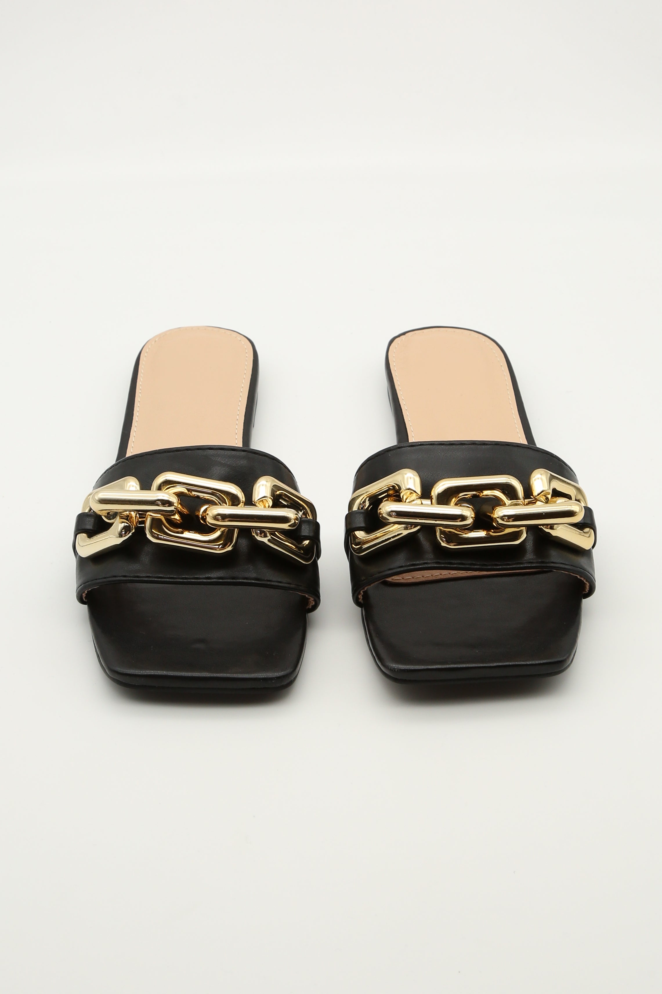 Black Pu Chain Detail Mule Sandals