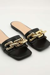 Black Pu Chain Detail Mule Sandals