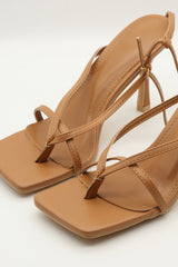 Camel PU Square Toe Post Strappy Heeled Sandals