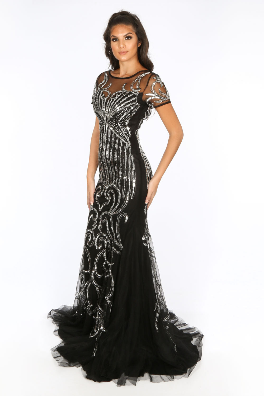 Black Premium Collection Short Sleeve Sequin Mesh Maxi Dress