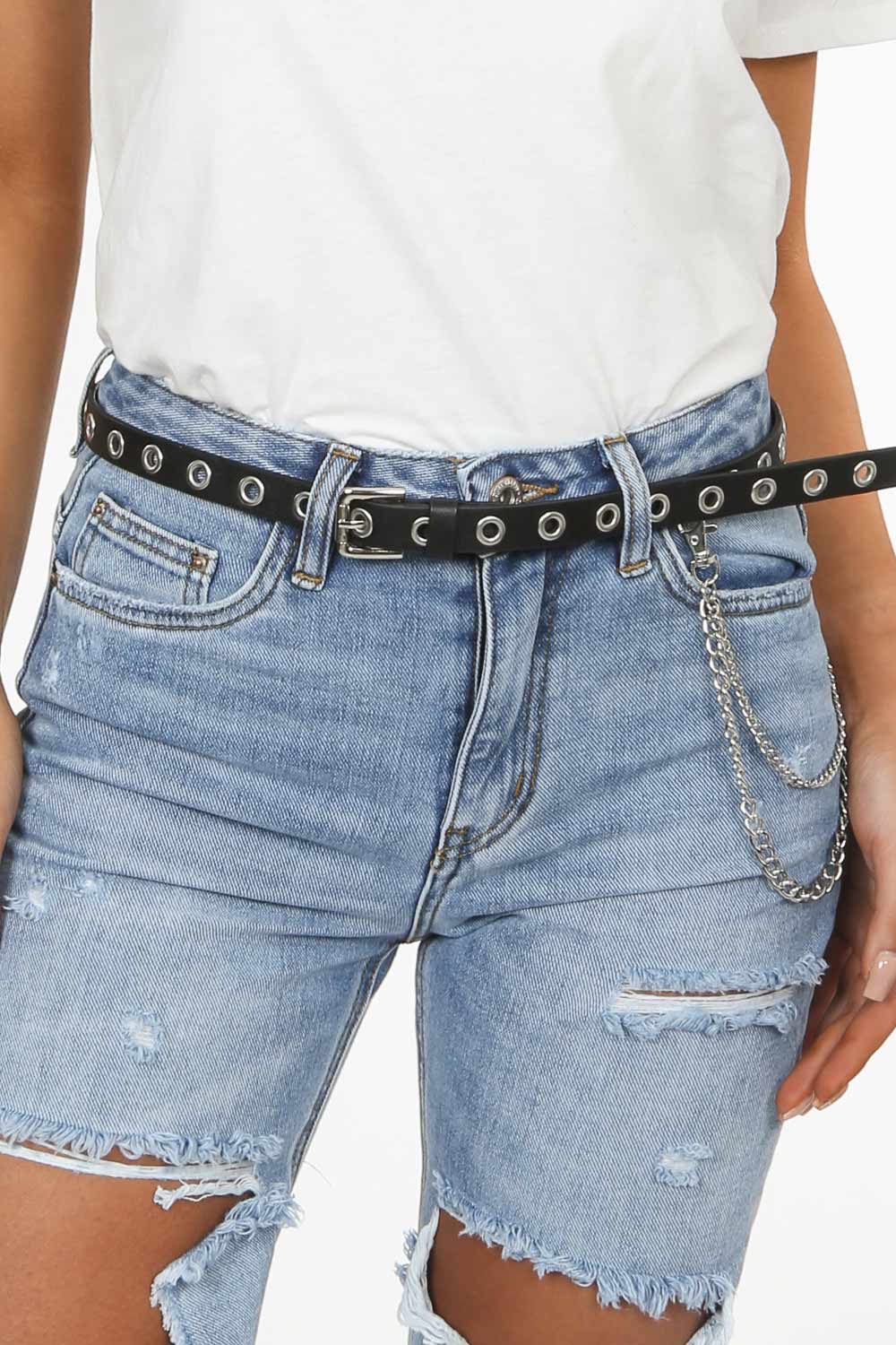 Black Eyelet Belt With Silver Chain