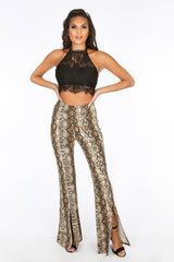 Split Snake Print Flare Trousers