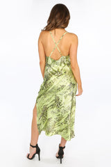 Green Satin Snake Print Cowl Neck Midi Dress