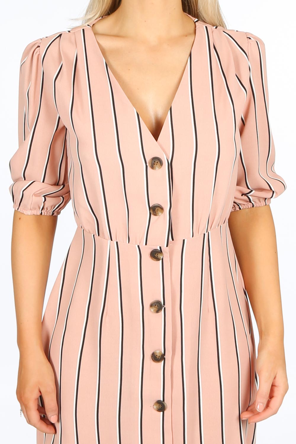 Pink Striped Print Mini Dress With Button Detail