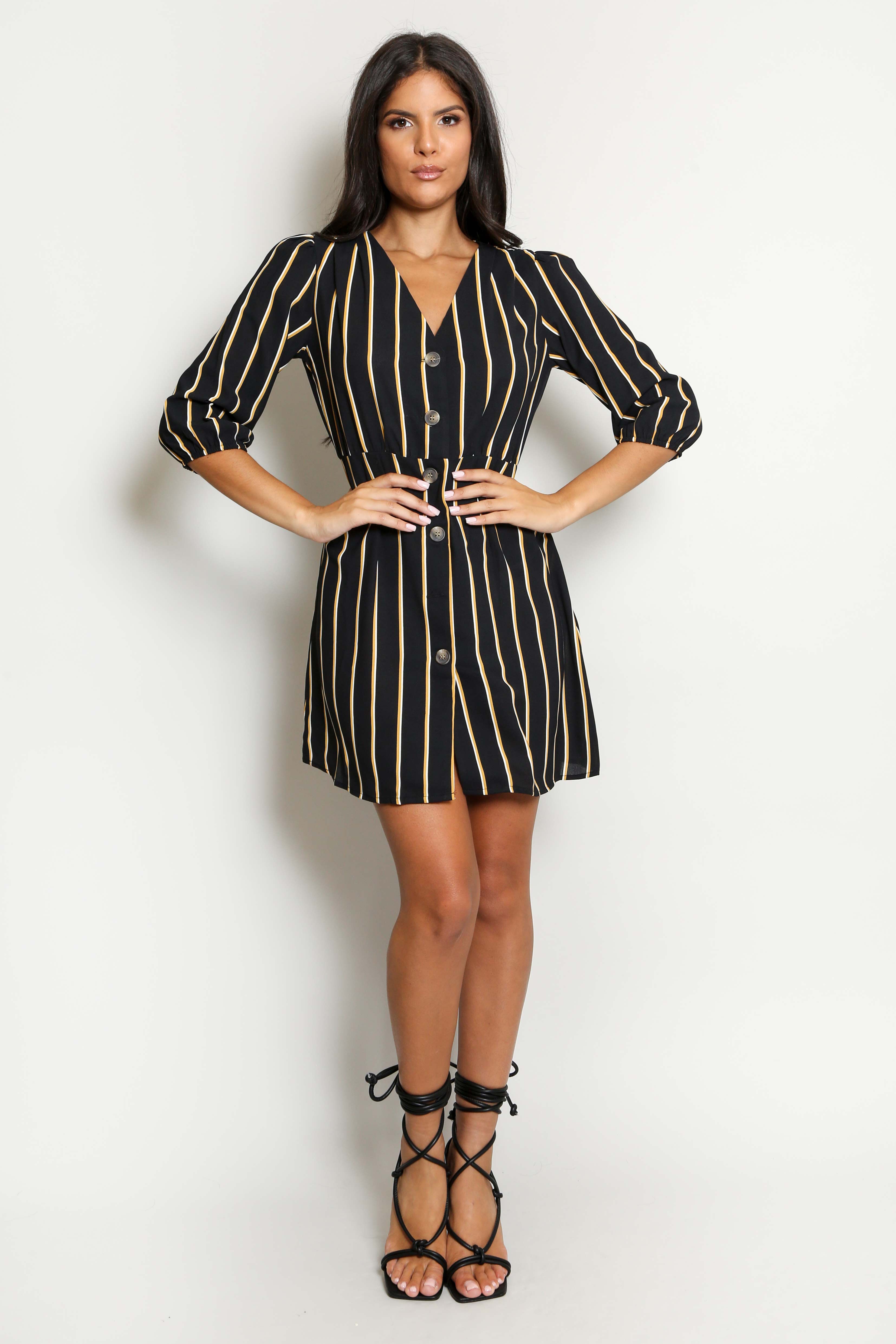 Black Striped Print Mini Dress With Button Detail