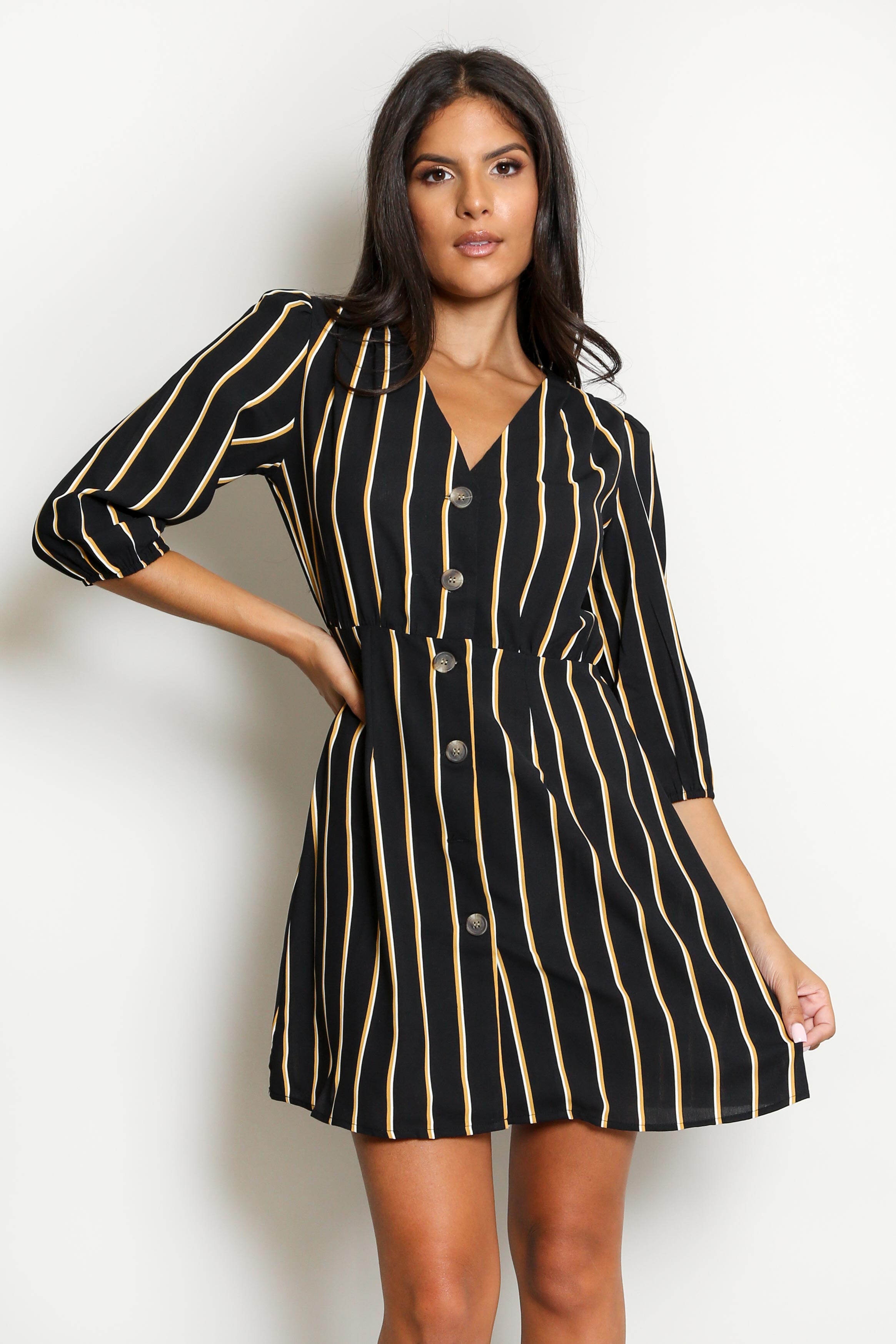 Black Striped Print Mini Dress With Button Detail