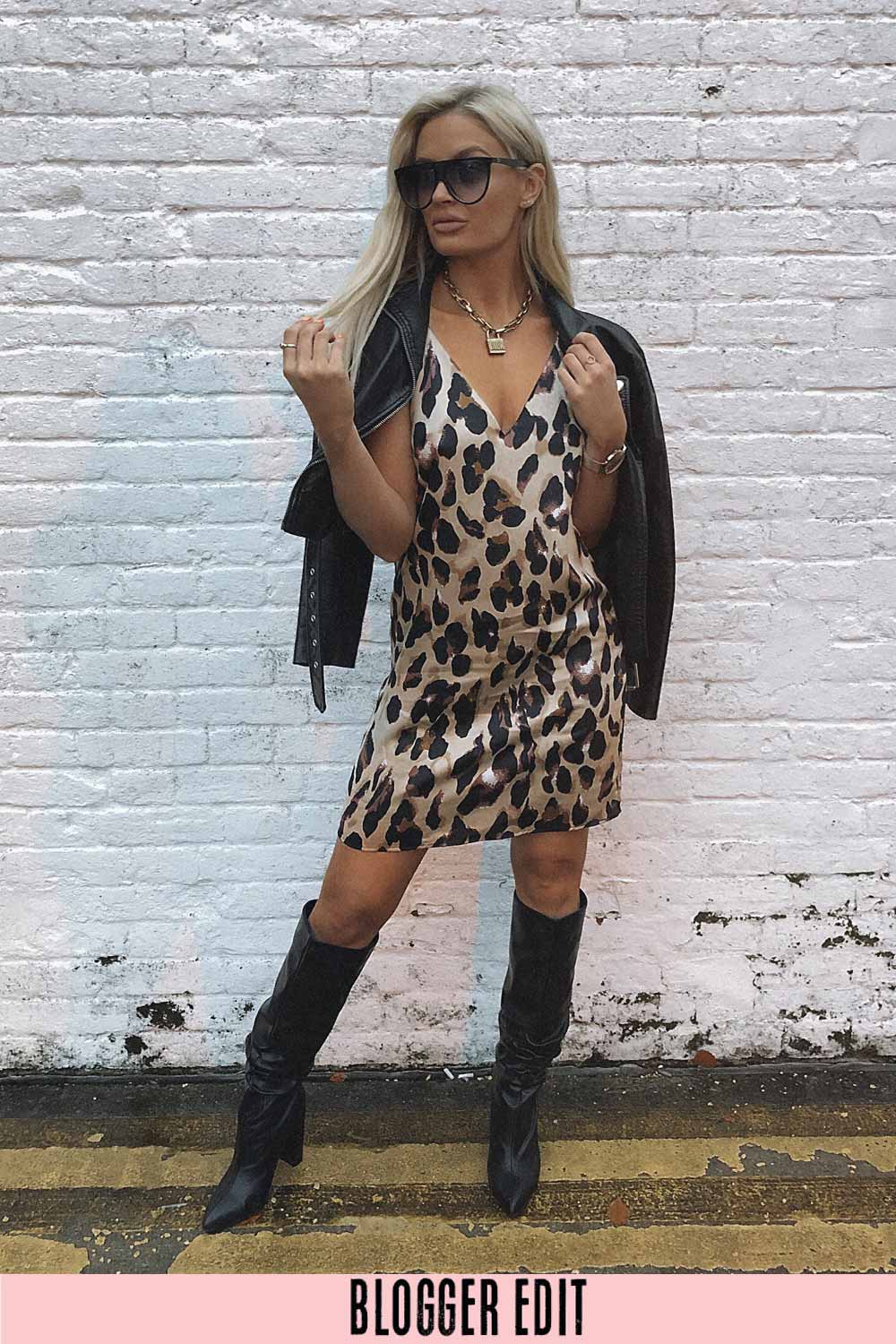 Taupe Satin Leopard Print Cami Dress