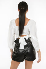 White Ruched Tie Back Crop Top