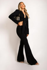 Black Bell Bottom Pants Suit Set with Knotted Blazer
