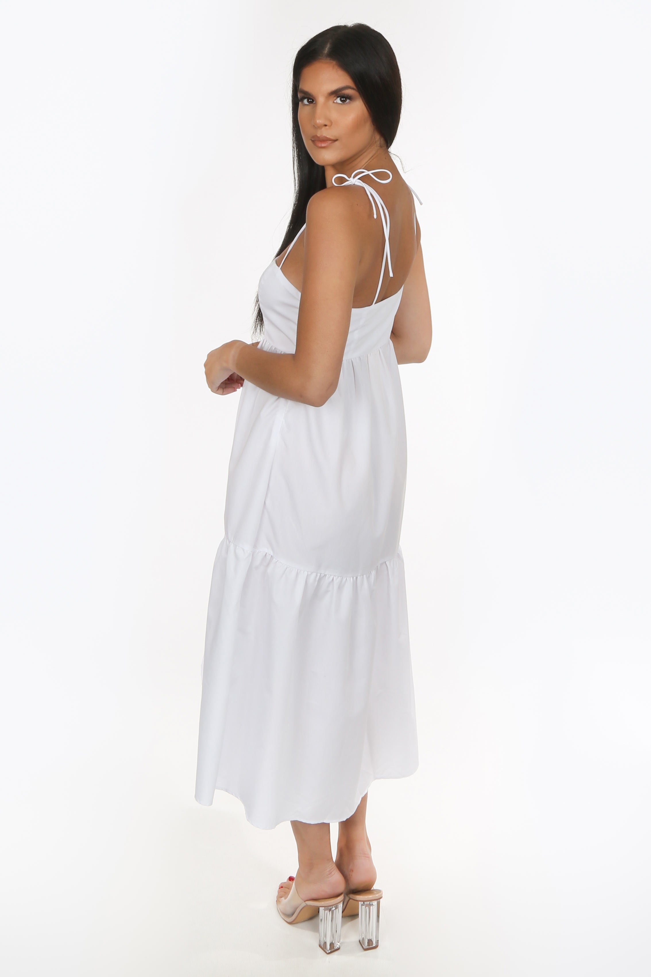 White Tie Shoulder Midi Dress