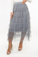 Grey Draped Midi Tulle Skirt