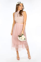 Pink Bridal Pleated Lace Tulle Skirt