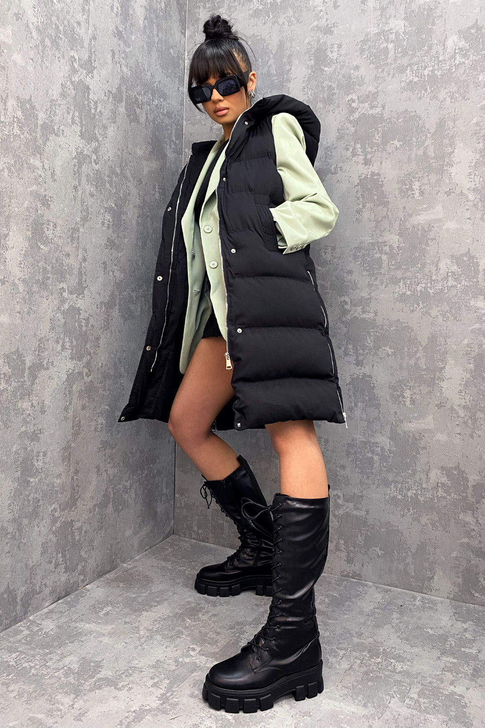 Black Puffer Gilet With Hood