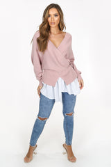 Pink Cross Over Knit With Shirt Hem