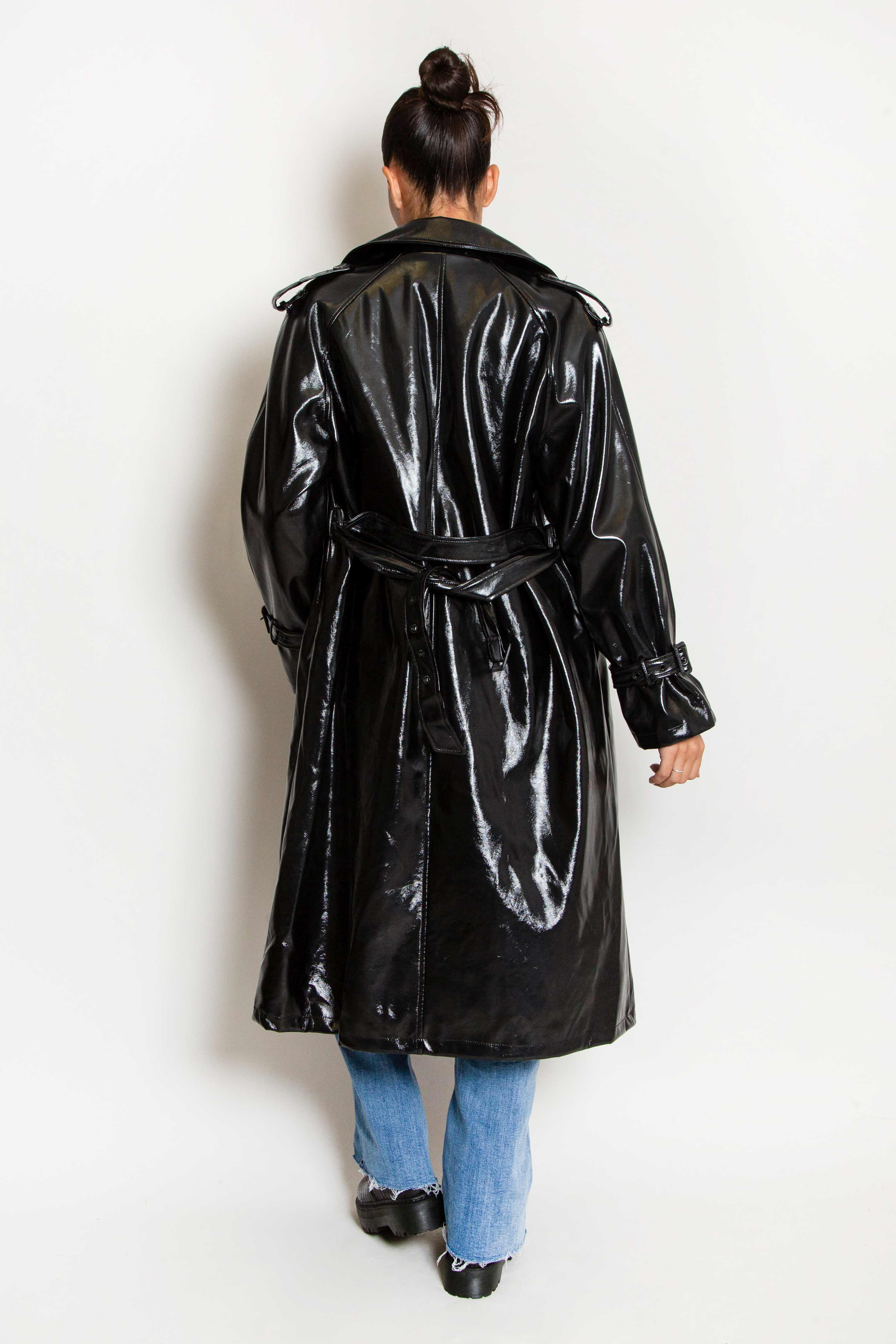 Black Faux Leather Long-line Vinyl Coat