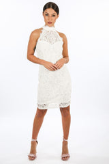 White High Neck Braided Lace Bodycon Dress