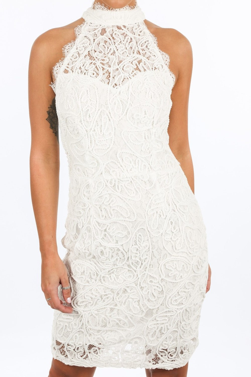White High Neck Braided Lace Bodycon Dress