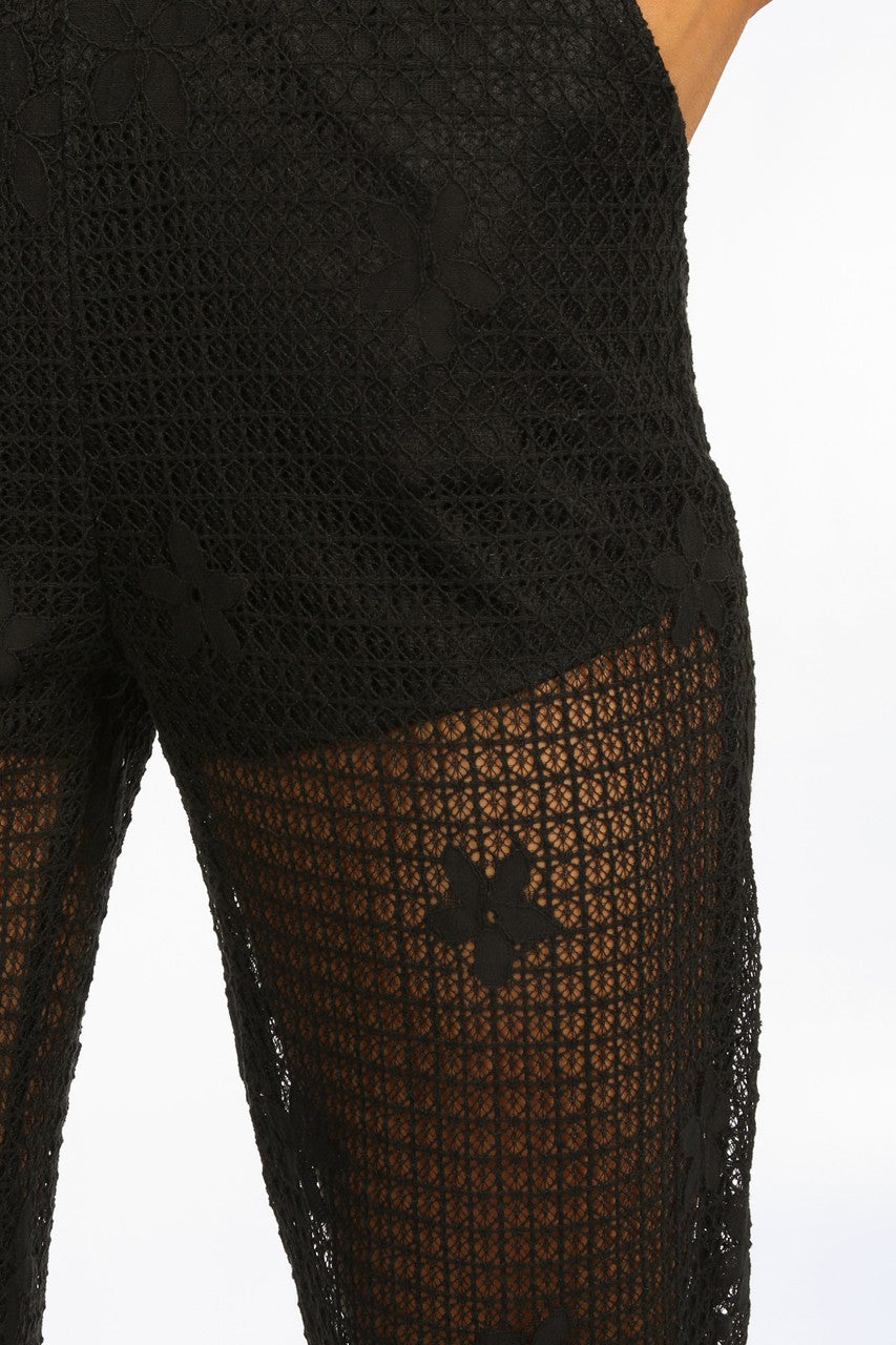 Black V Neck Crochet Jumpsuit With Sheer Leg