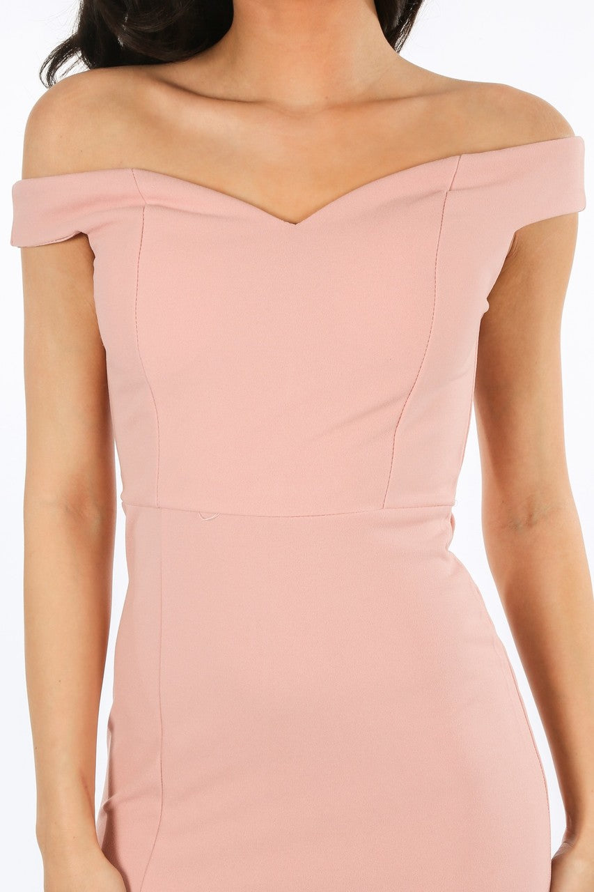Pink Bardot Maxi Dress With Front Split