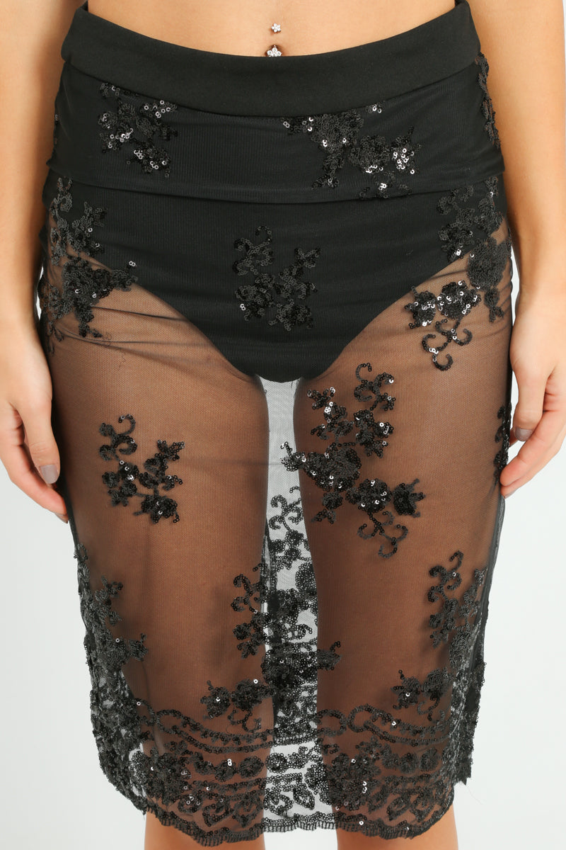 Black Sheer Mesh Midi Skirt With Sequin Detail