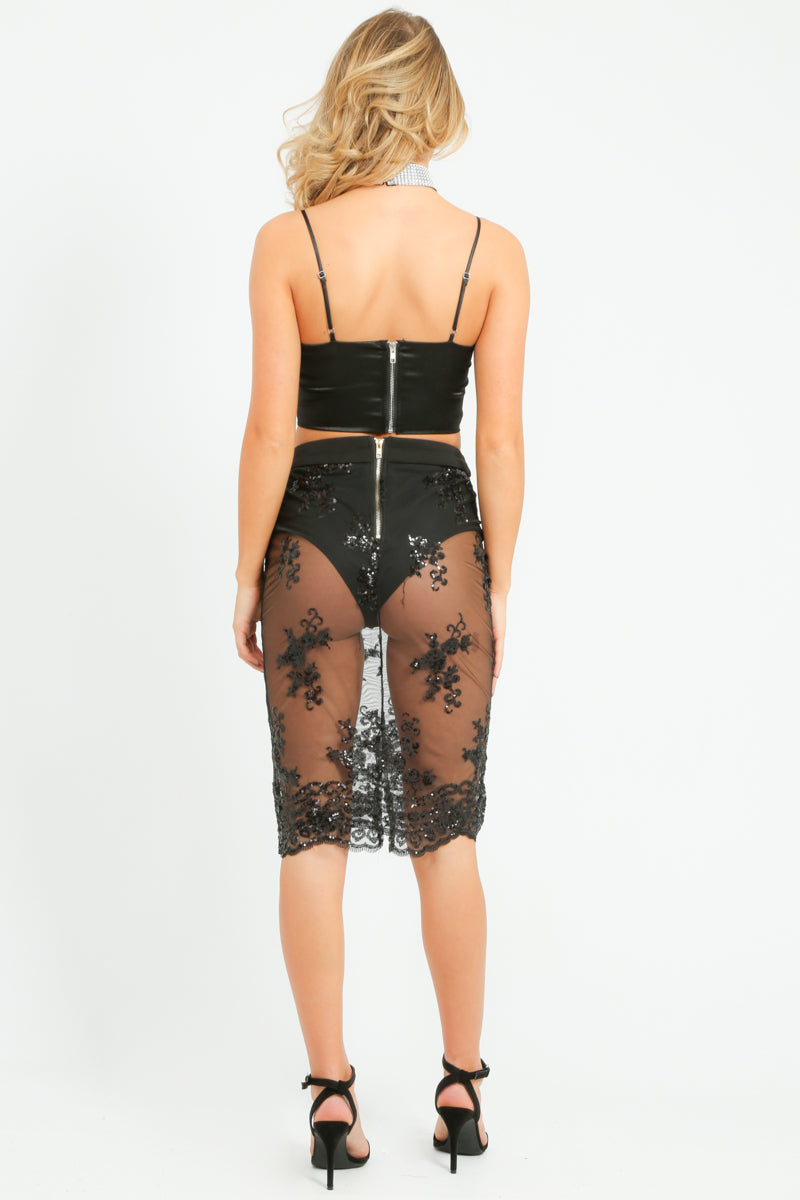 Black Sheer Mesh Midi Skirt With Sequin Detail