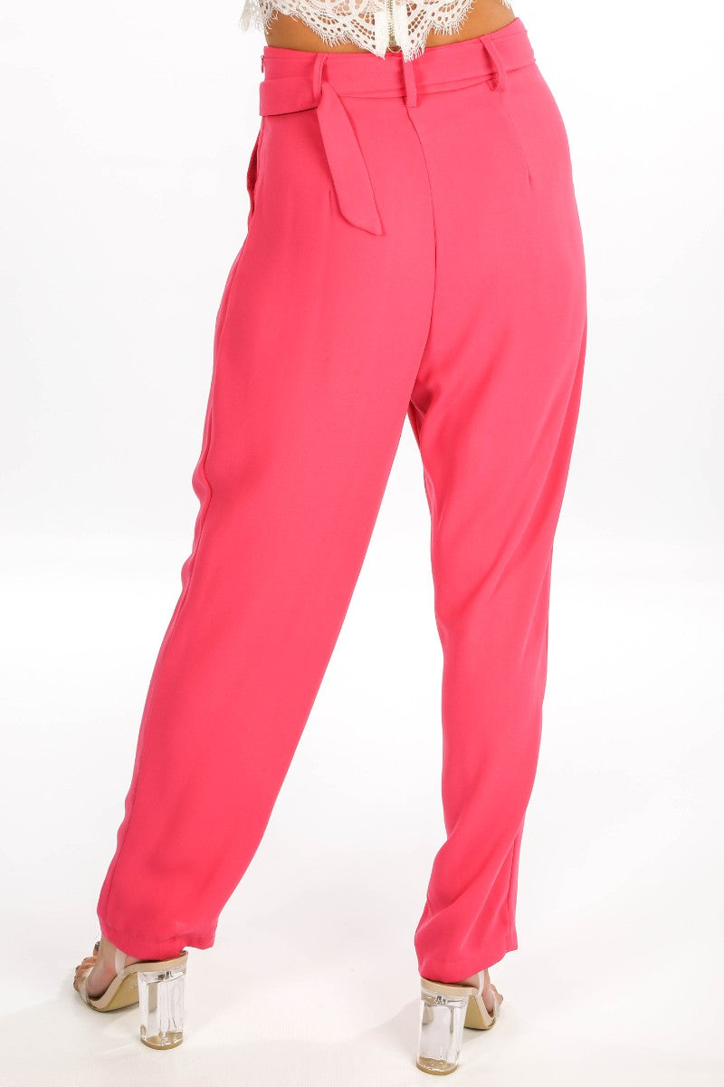 Fuchsia Crepe D-Ring Belted Trouser