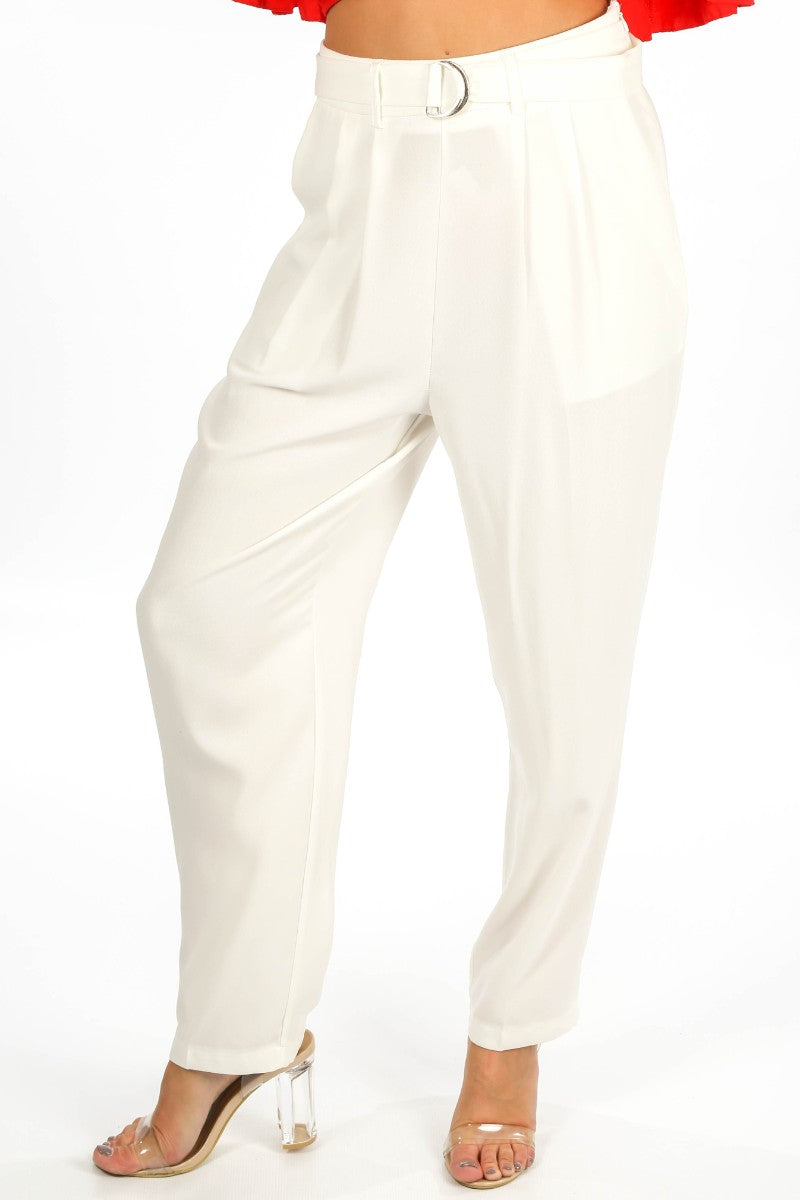 White Crepe D-Ring Belted Trouser