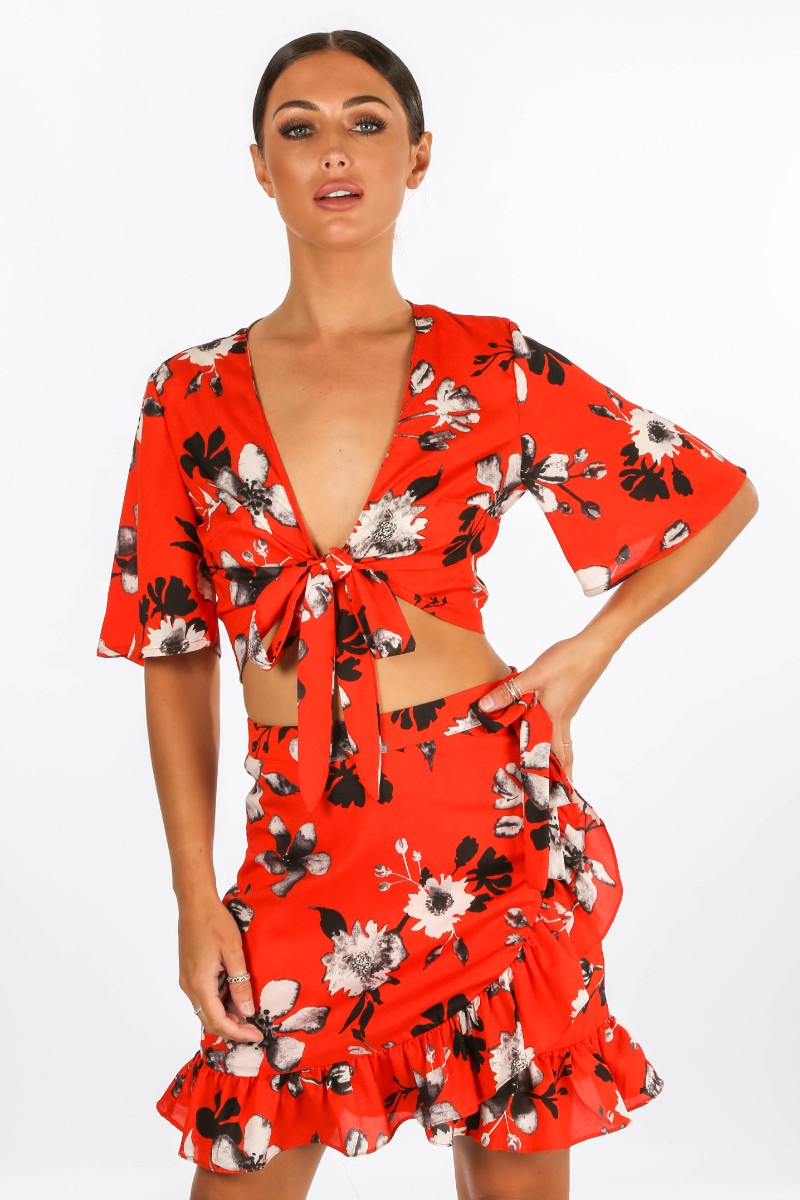 Red Floral Print Wrap Look Skirt
