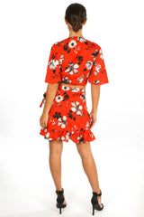 Red Floral Print Wrap Look Skirt