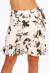 White Floral Print Wrap Look Skirt