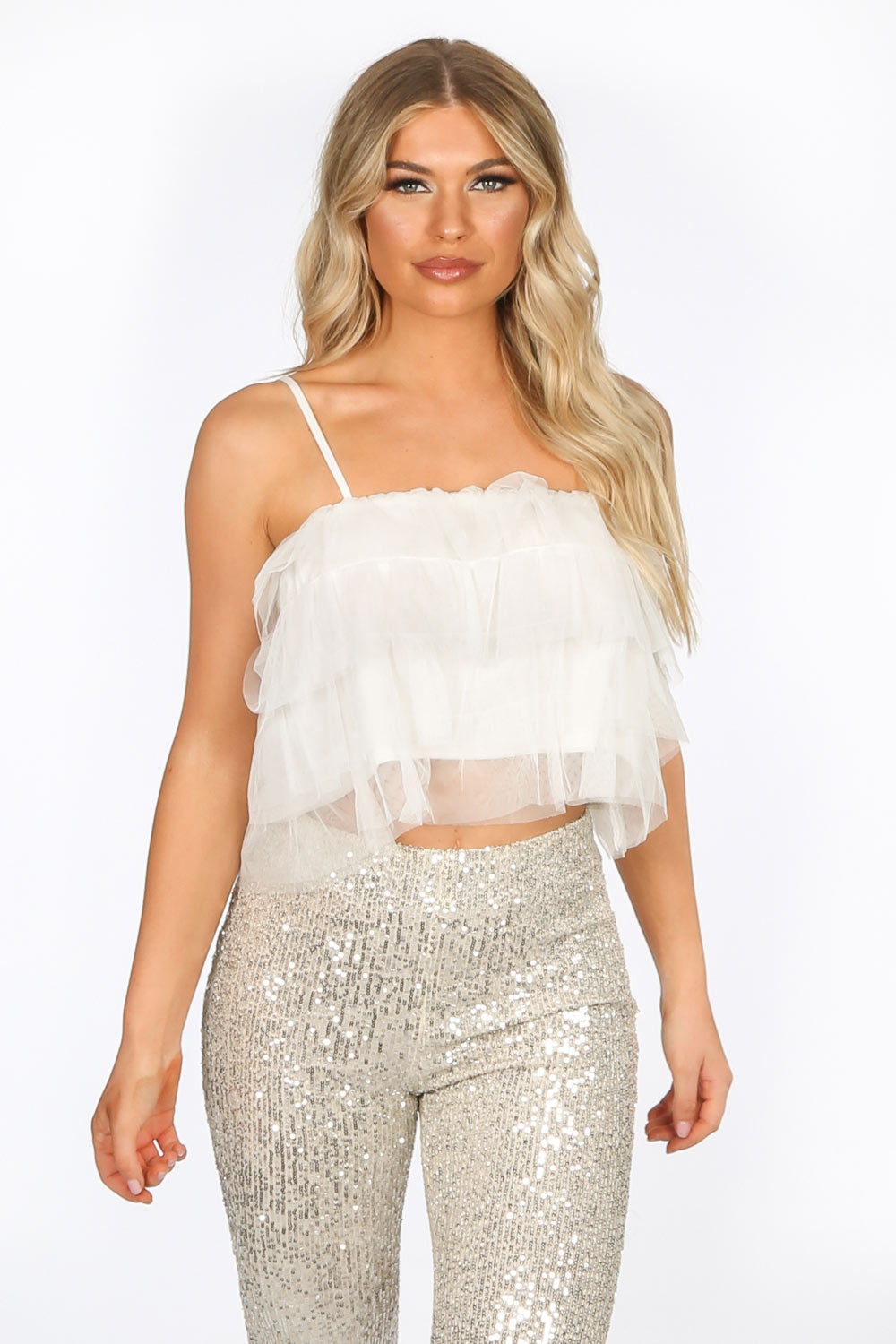 White Layered Tulle Crop Top