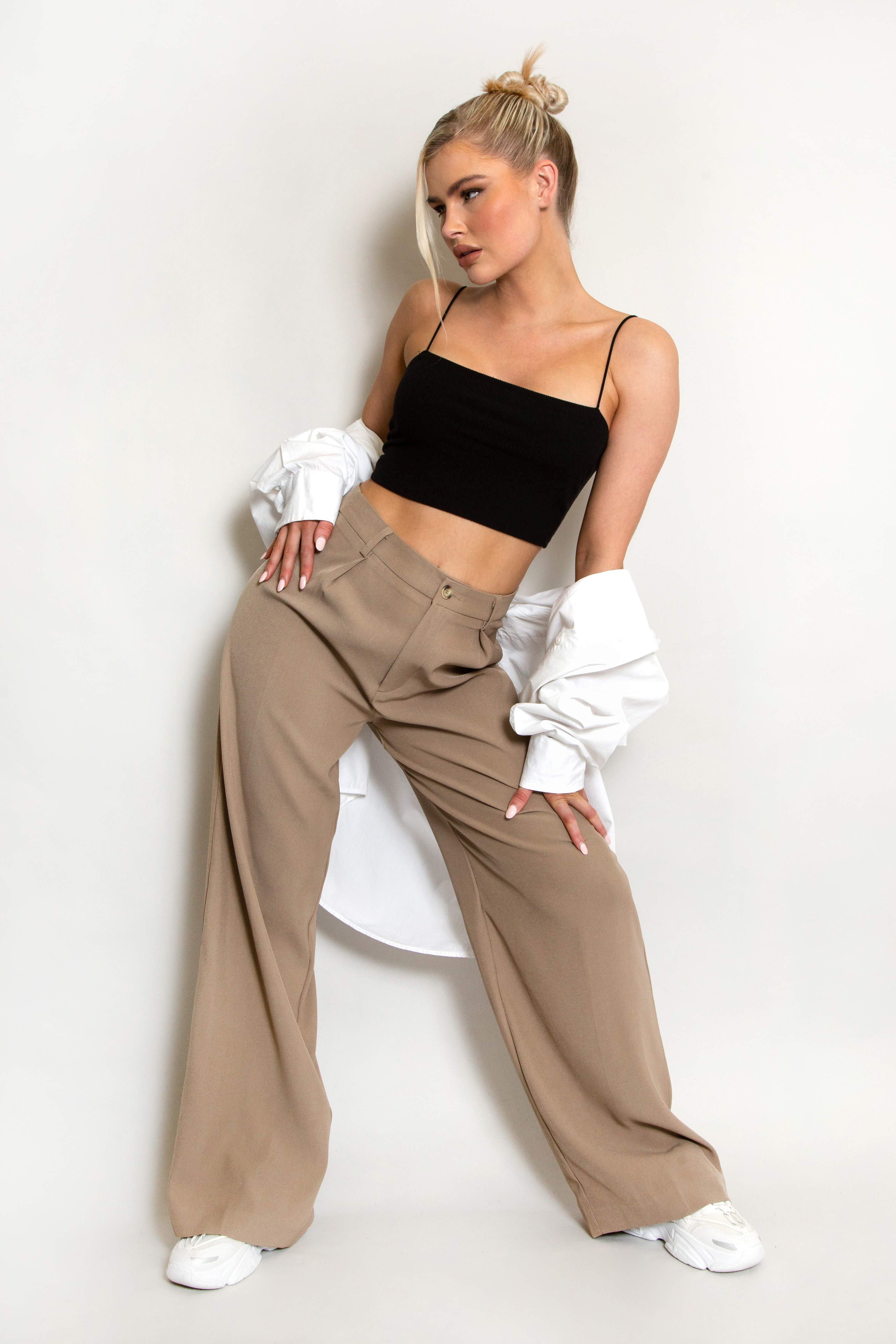 Taupe Wide Leg Flared Tailored Trousers
