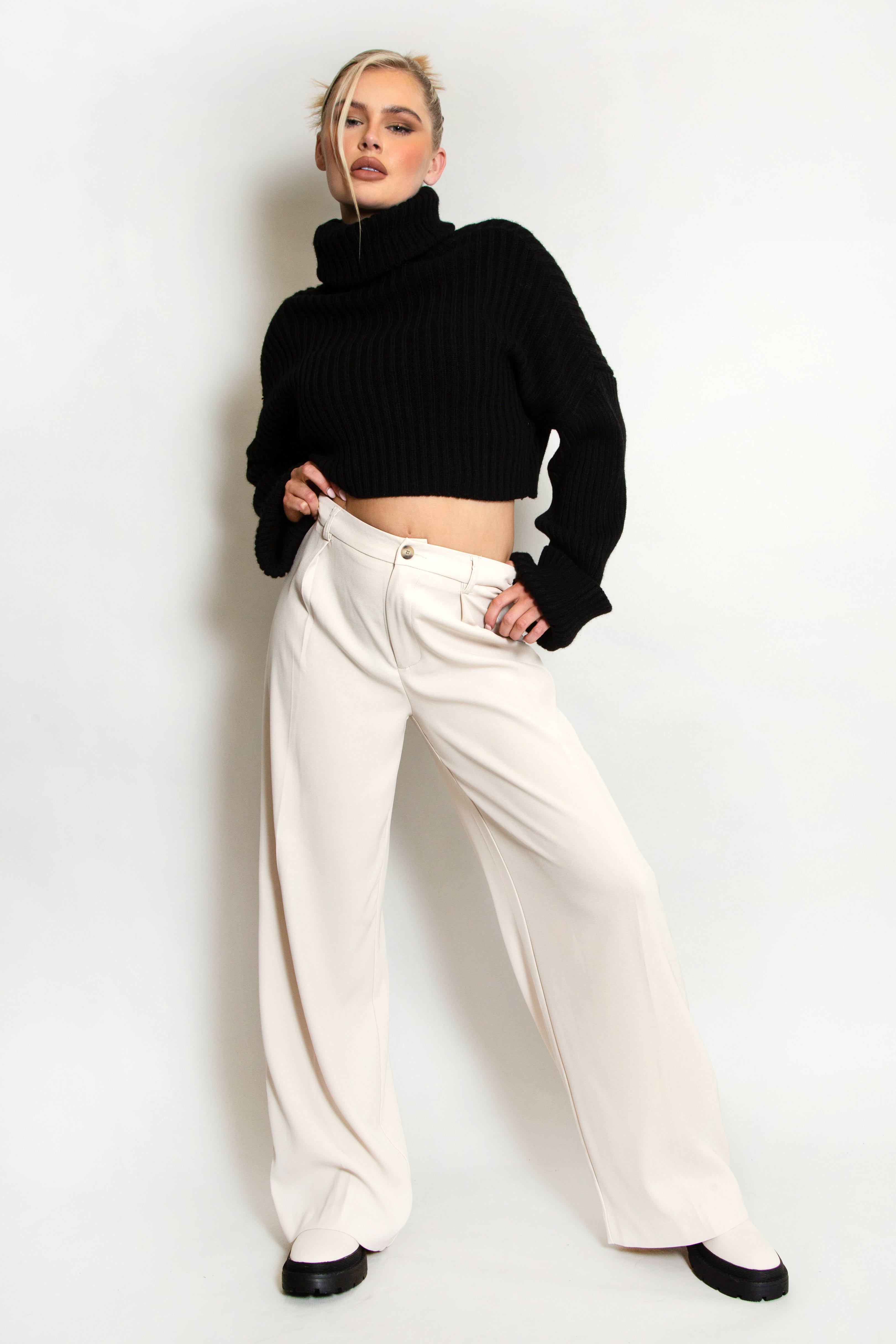 Beige Wide Leg Flared Tailored Trousers
