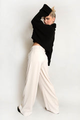 Beige Wide Leg Flared Tailored Trousers