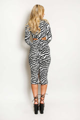 Mono Zebra Print Long Sleeve Cut out Midi Dress