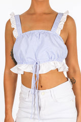 Blue Striped Frill Crop Top With Tie