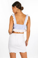 Blue Striped Frill Crop Top With Tie