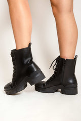 Black PU Chunky Heel Toe Structure Boots
