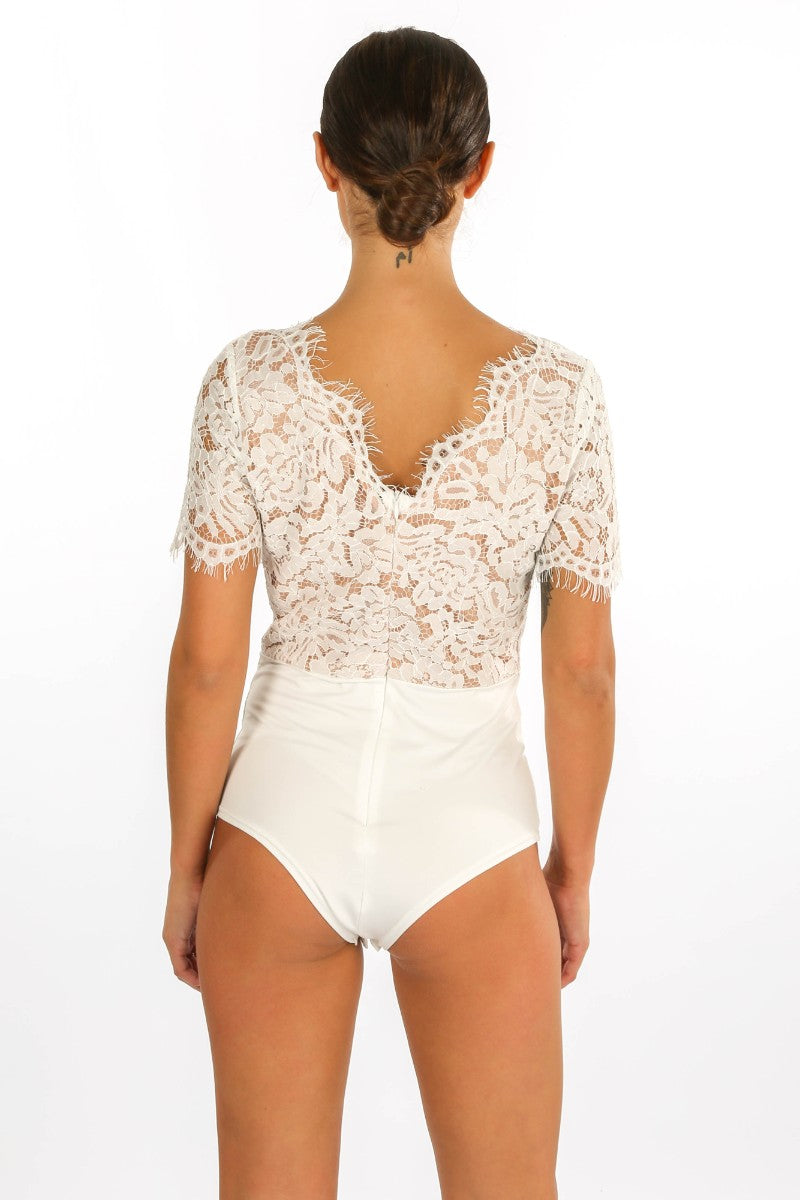 White V Neck Contrast Lace Bodysuit