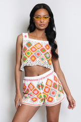 White Floral Knitted Crochet Co-Ord Set