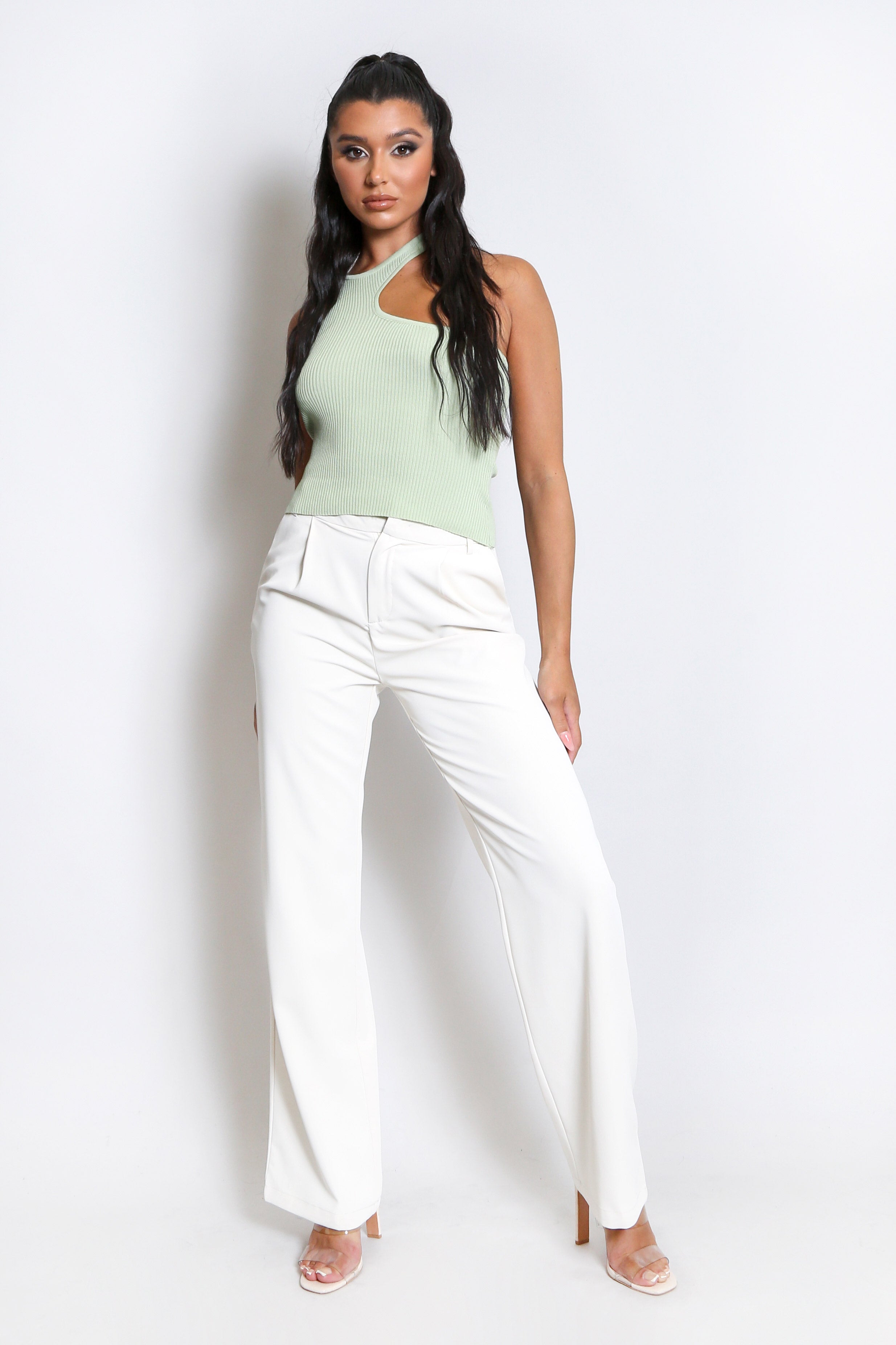 Pastel Green Ribbed Cut Out One Shoulder Top