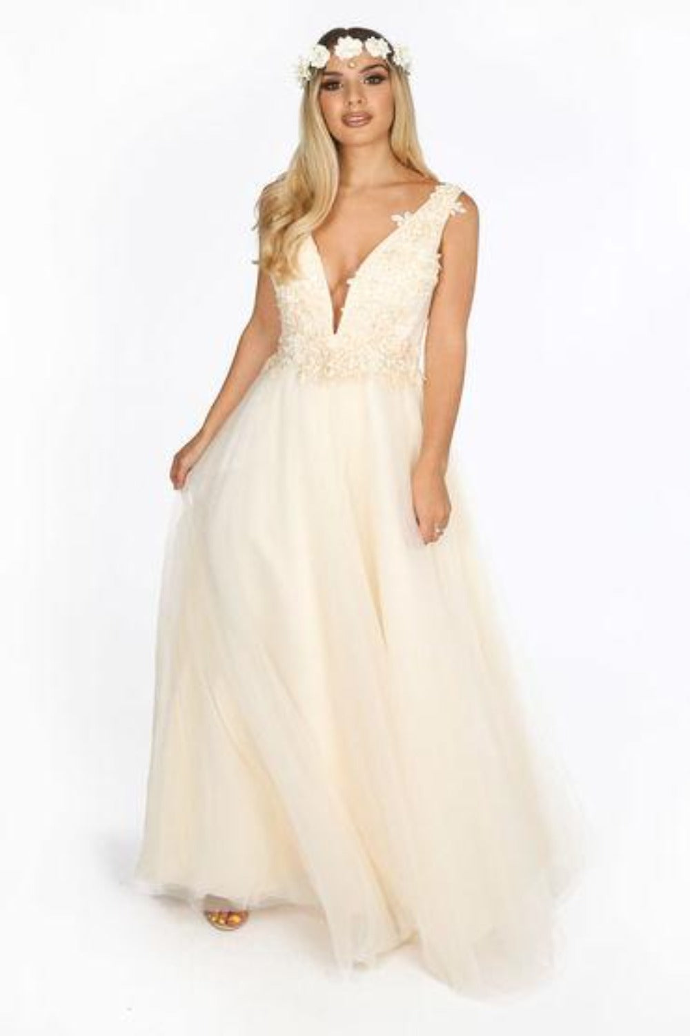 Cream Bridal Embellished Tulle Maxi Dress