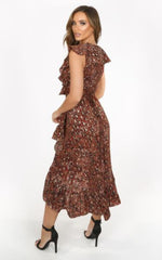 Camel Foil Leopard Print Wrap Midi Dress