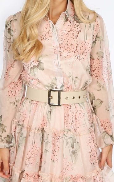 Pink Long Sleeve Floral Chiffon Frill Dress
