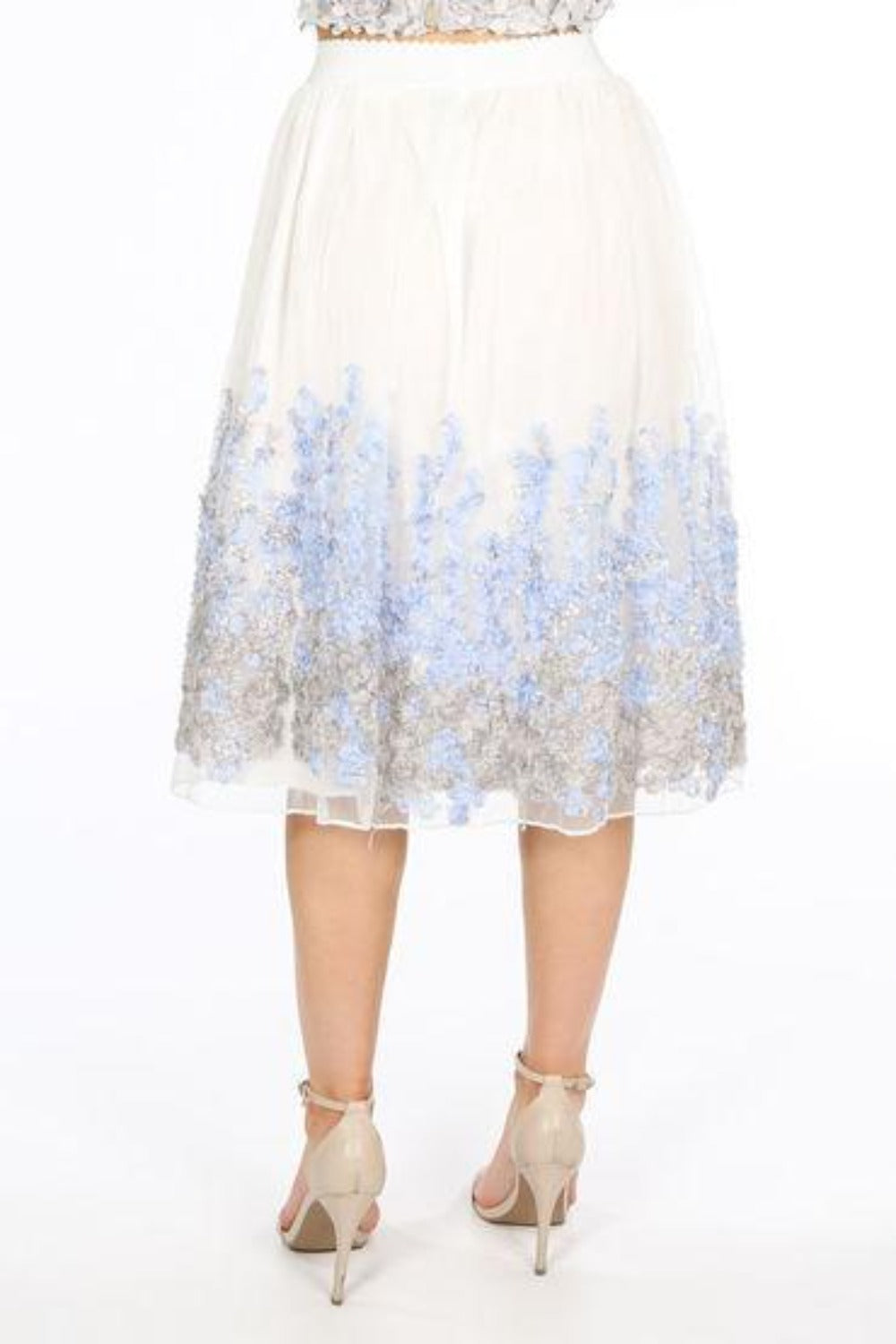 Blue Midi Skirt With Floral Applique