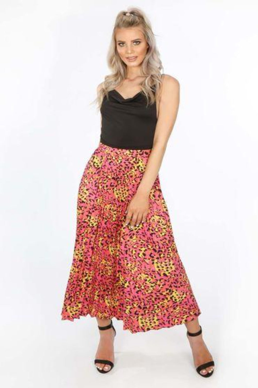 Fuchsia Leopard Print Pleated Maxi Skirt